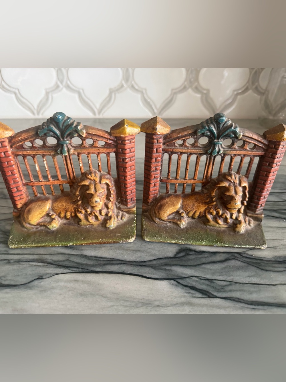 Antique Bradley & Hubbard Cast Iron Lion Bookends Polychrome Gate Pair